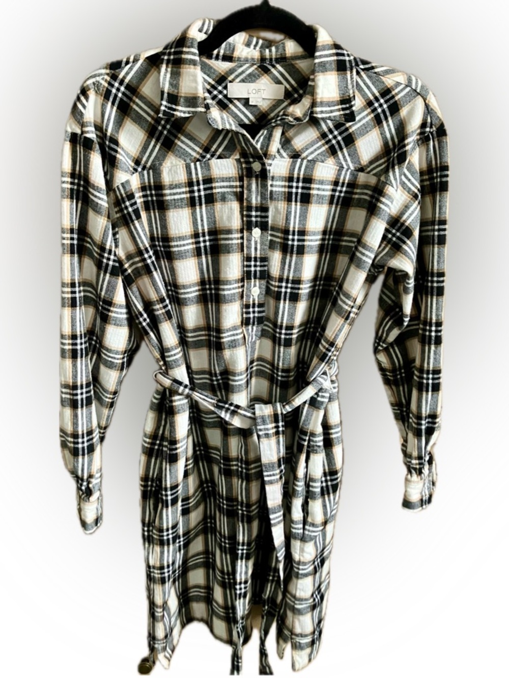 LOFT Plaid Belted Mini Dress in Black, Cream, Tan